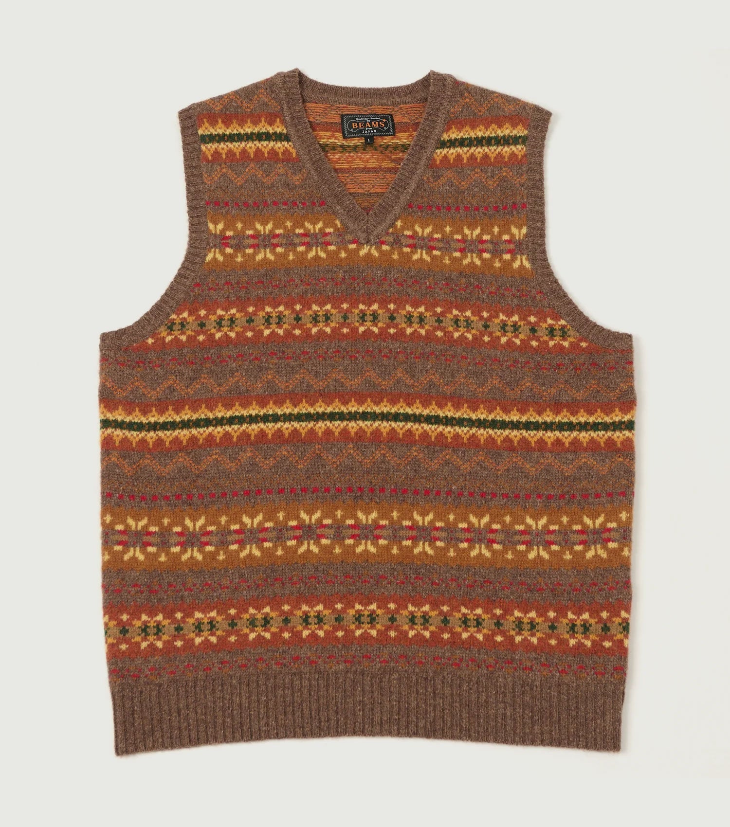 Knit Vest Fair Isle Pattern LIght Brown - Beams Plus