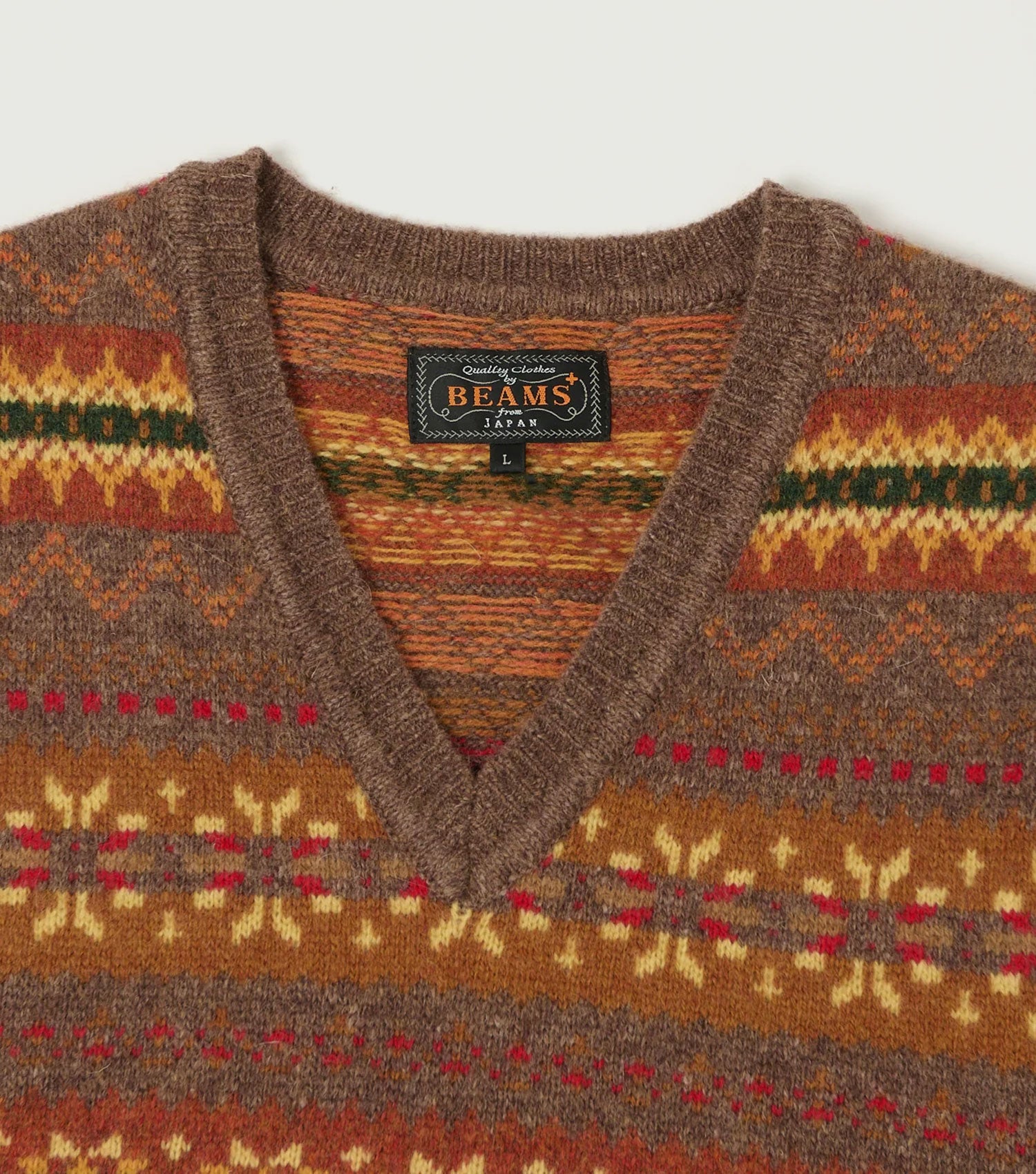 Knit Vest Fair Isle Pattern LIght Brown - Beams Plus