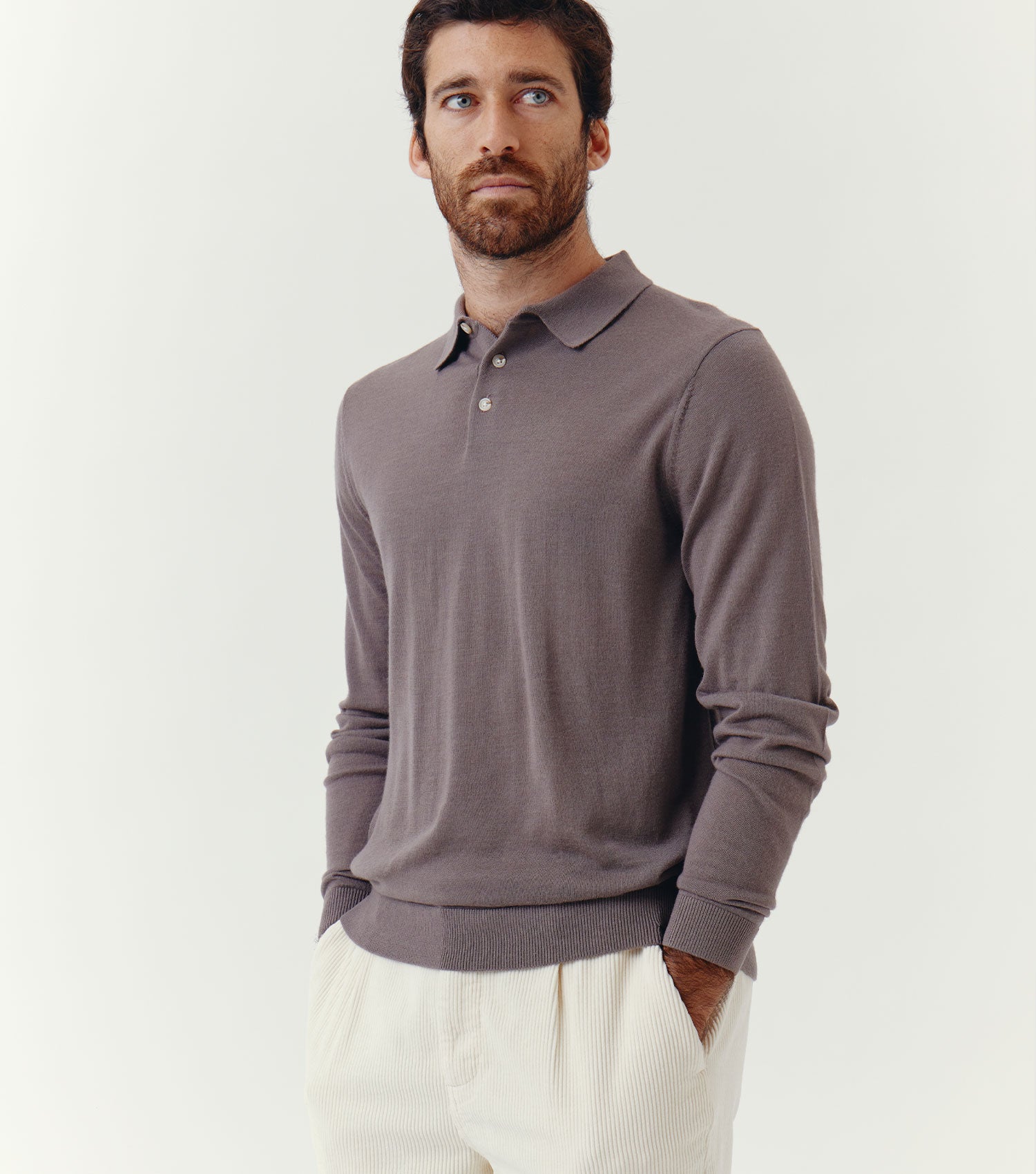 100% Merino Wool Long Sleeve Polo Sweater Beige - BLAW