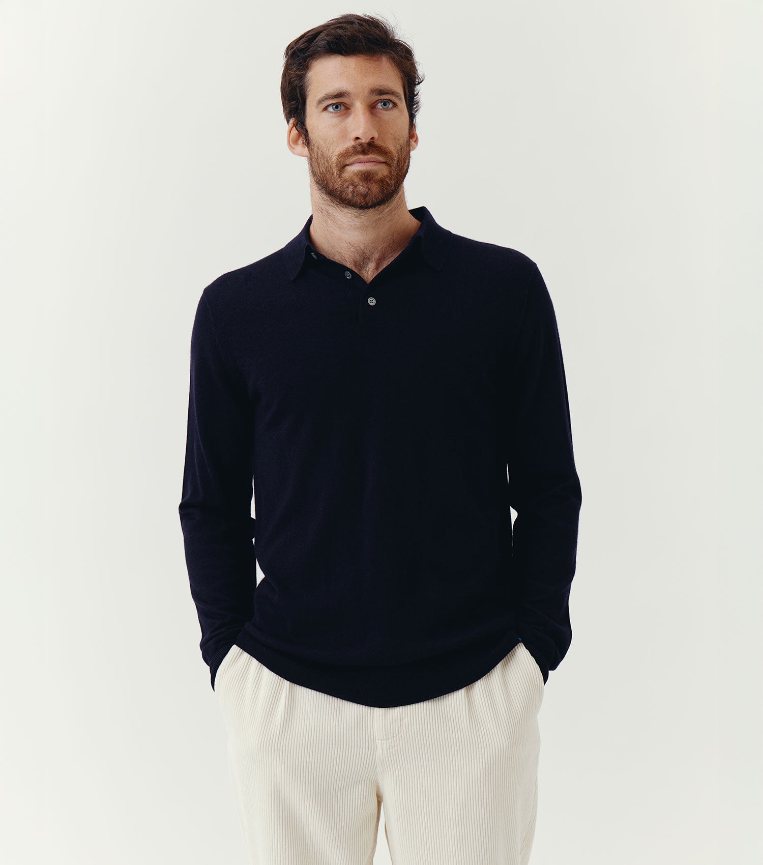 100% Merino Wool Long Sleeve Polo Sweater Night - BLAW