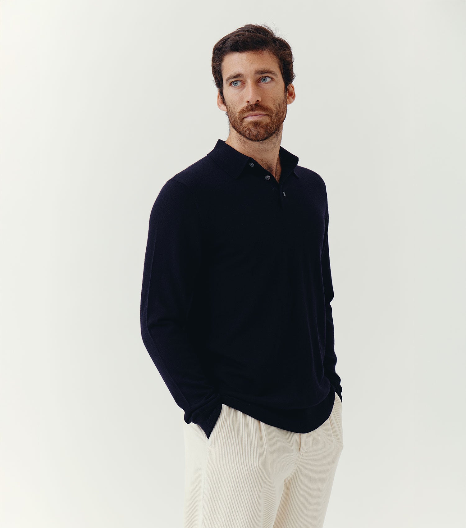 100% Merino Wool Long Sleeve Polo Sweater Night - BLAW