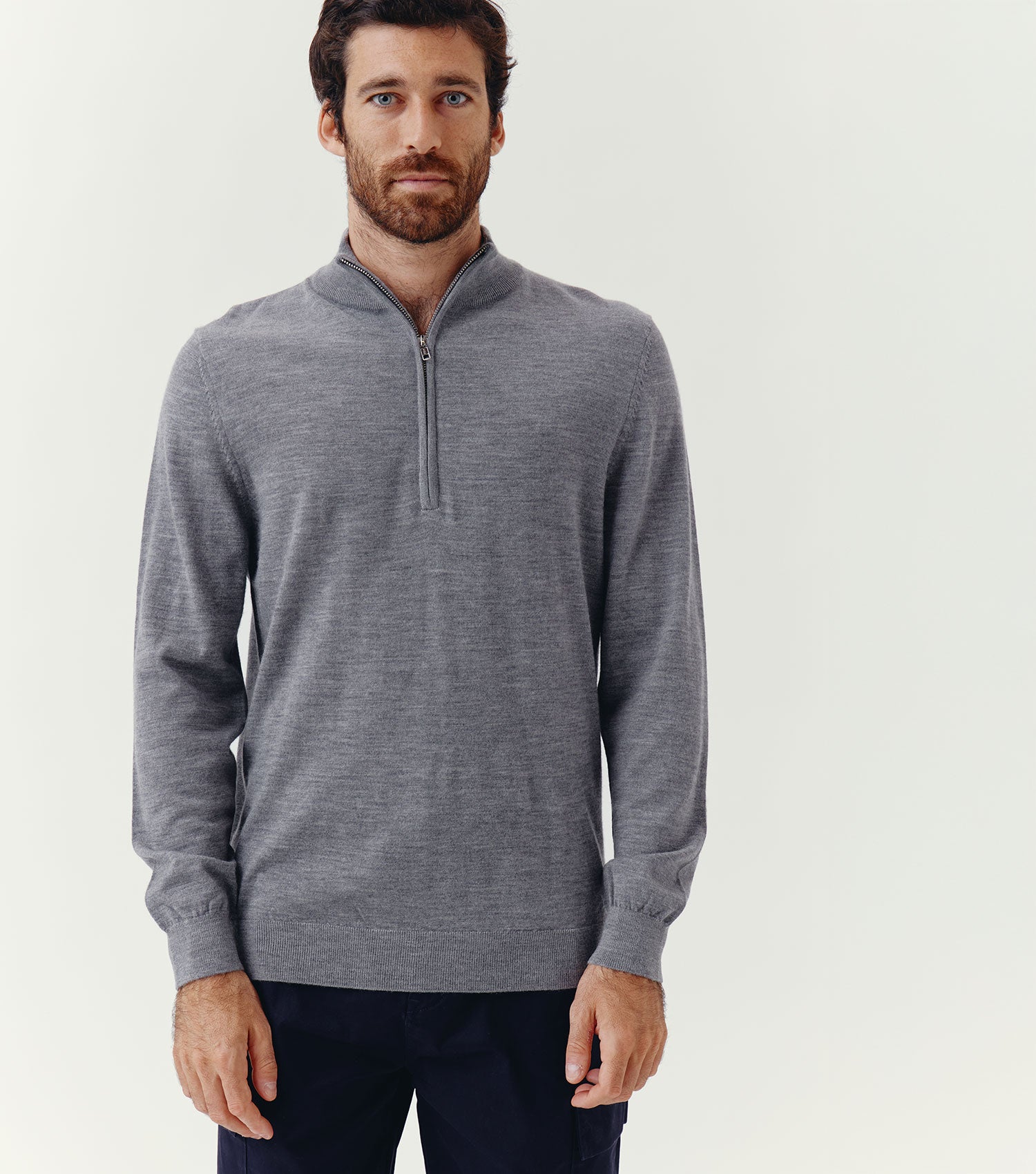 100% Merino Wool Half Zip Sweater Grey Melange - BLAW