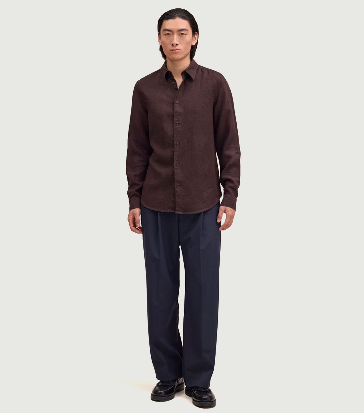 Enzo - Classic collar linen shirt Deep Truffle - NN.07