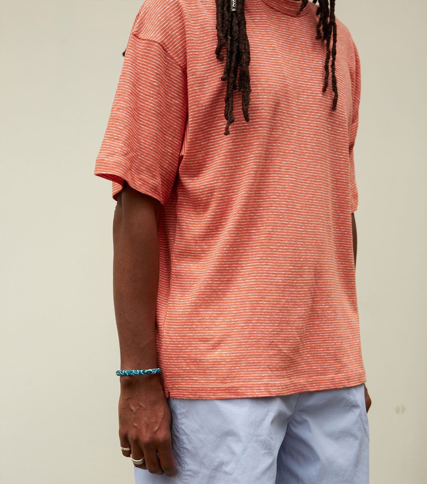 Striped Linen-Cotton T-shirt Coral - BLAW