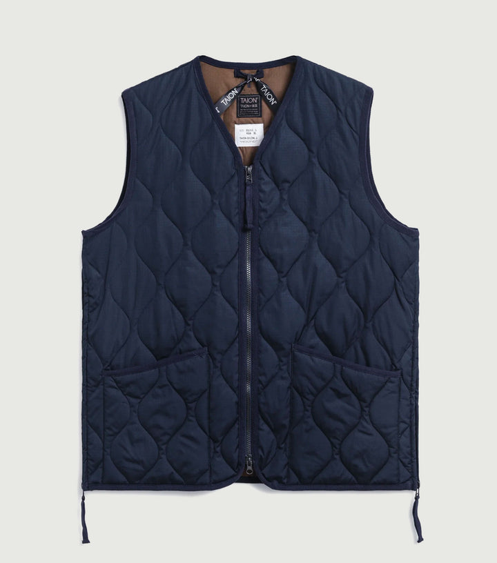 Military V Neck W-Zip Down Vest Navy - TAION