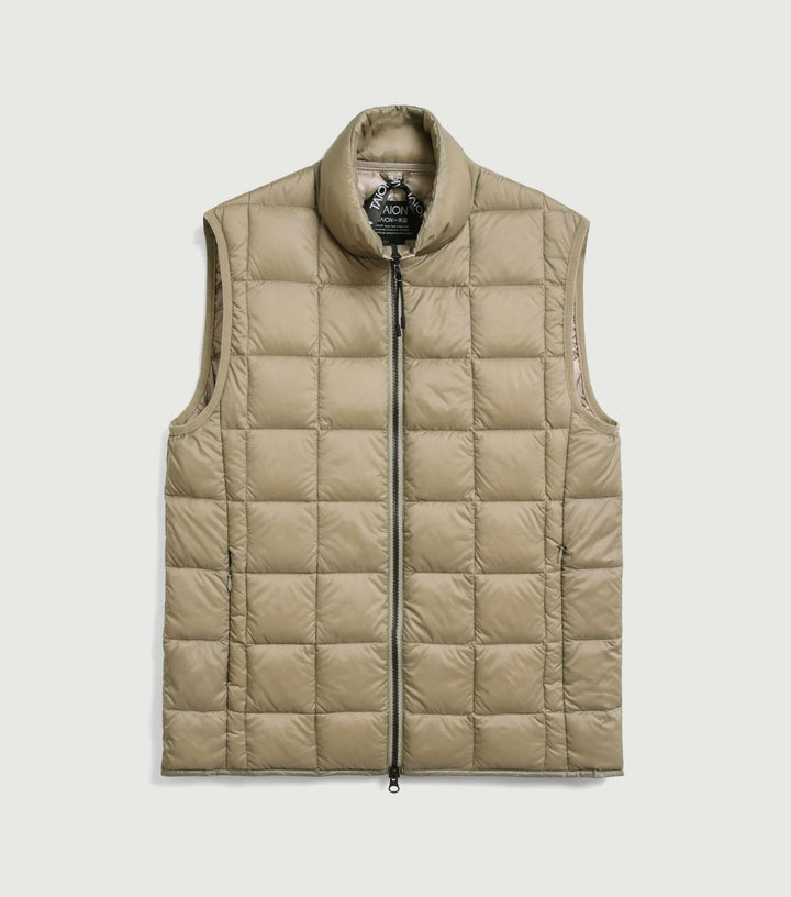 Hi Neck W-Zip Down Vest Khaki - TAION