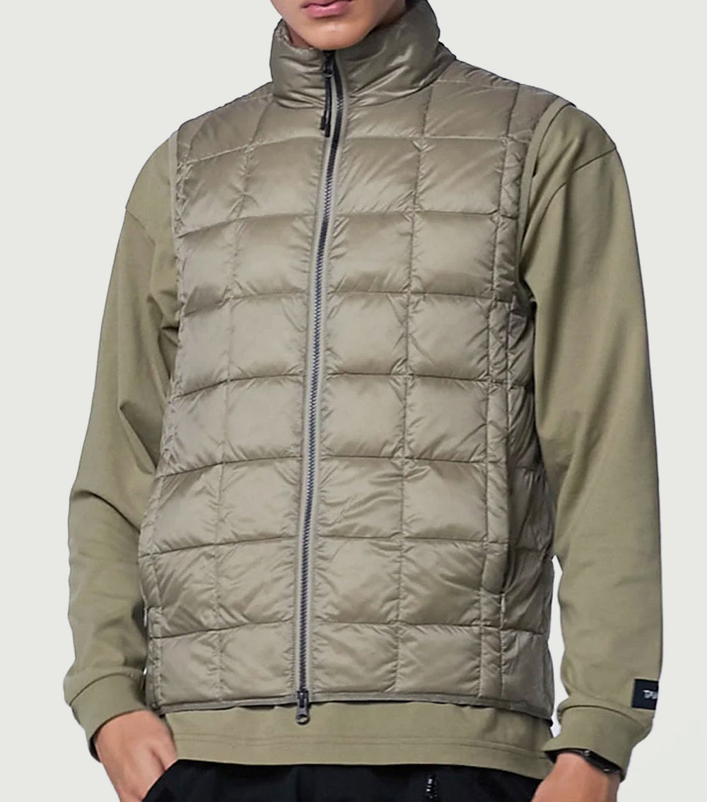 Hi Neck W-Zip Down Vest Khaki - TAION