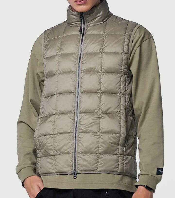 Hi Neck W-Zip Down Vest Khaki - TAION
