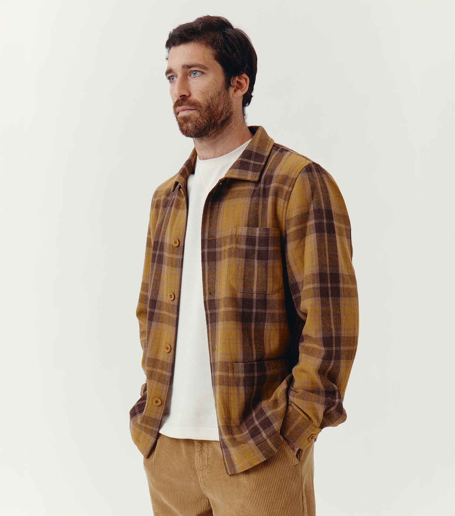100% Wool Checked Worker Overshirt Ochre - BLAW