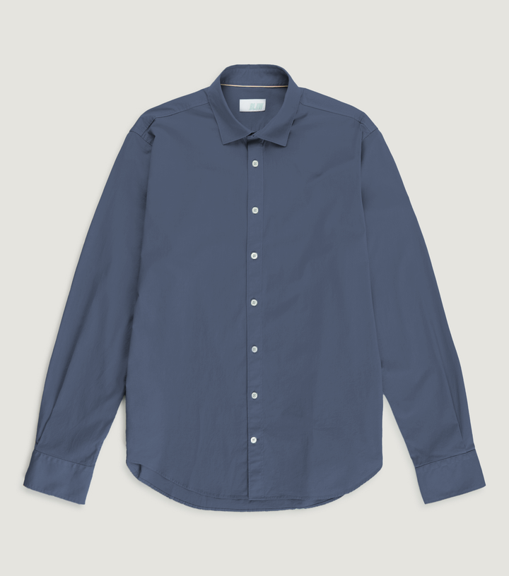 Garment Dye Popelin Stretch Spread Collar Shirt Blue - BLAW
