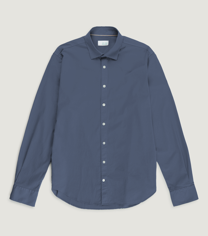 Garment Dye Popelin Stretch Spread Collar Shirt Blue