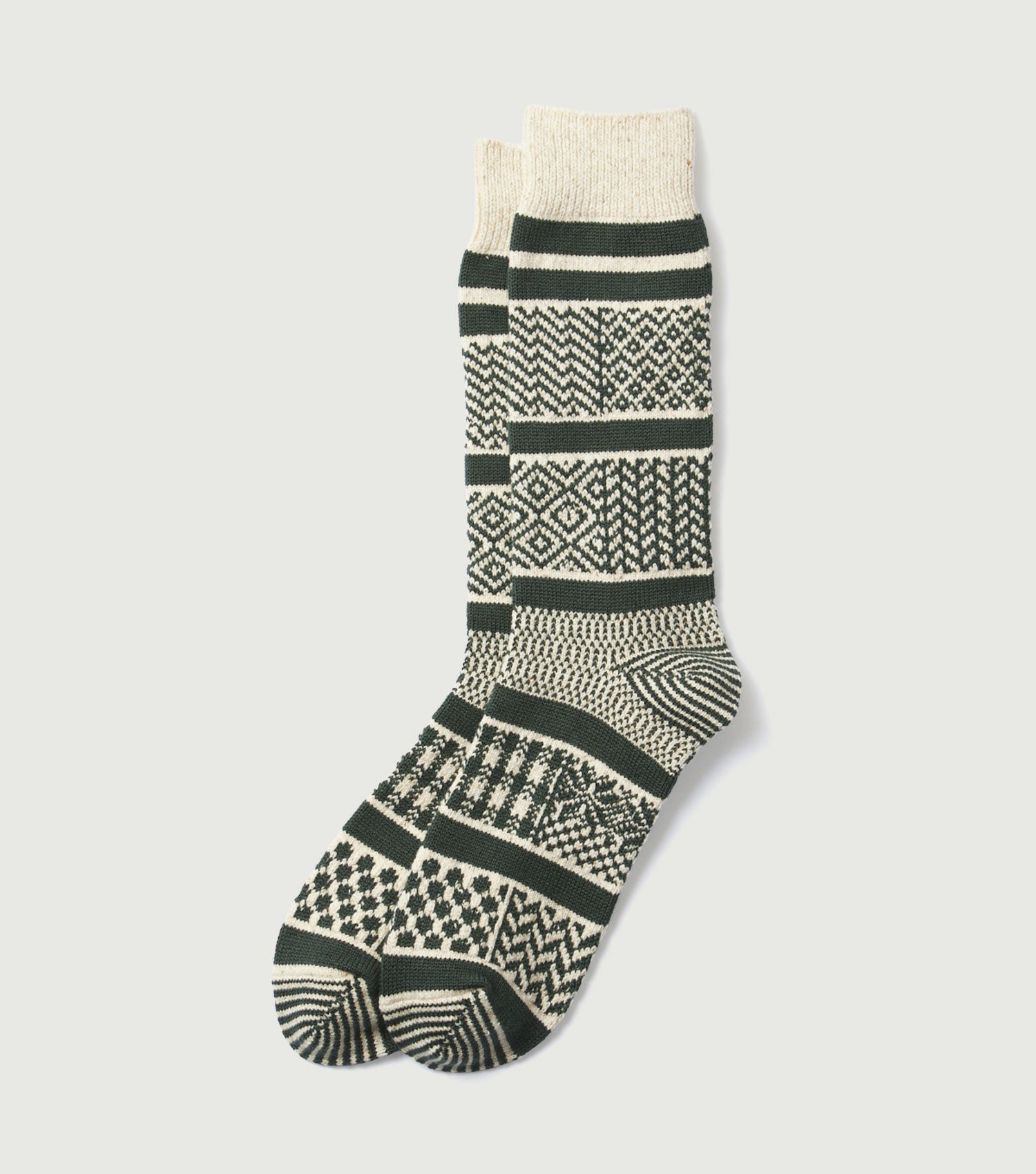 Multi Jacquard Crew Socks Ivory Green - Rototo
