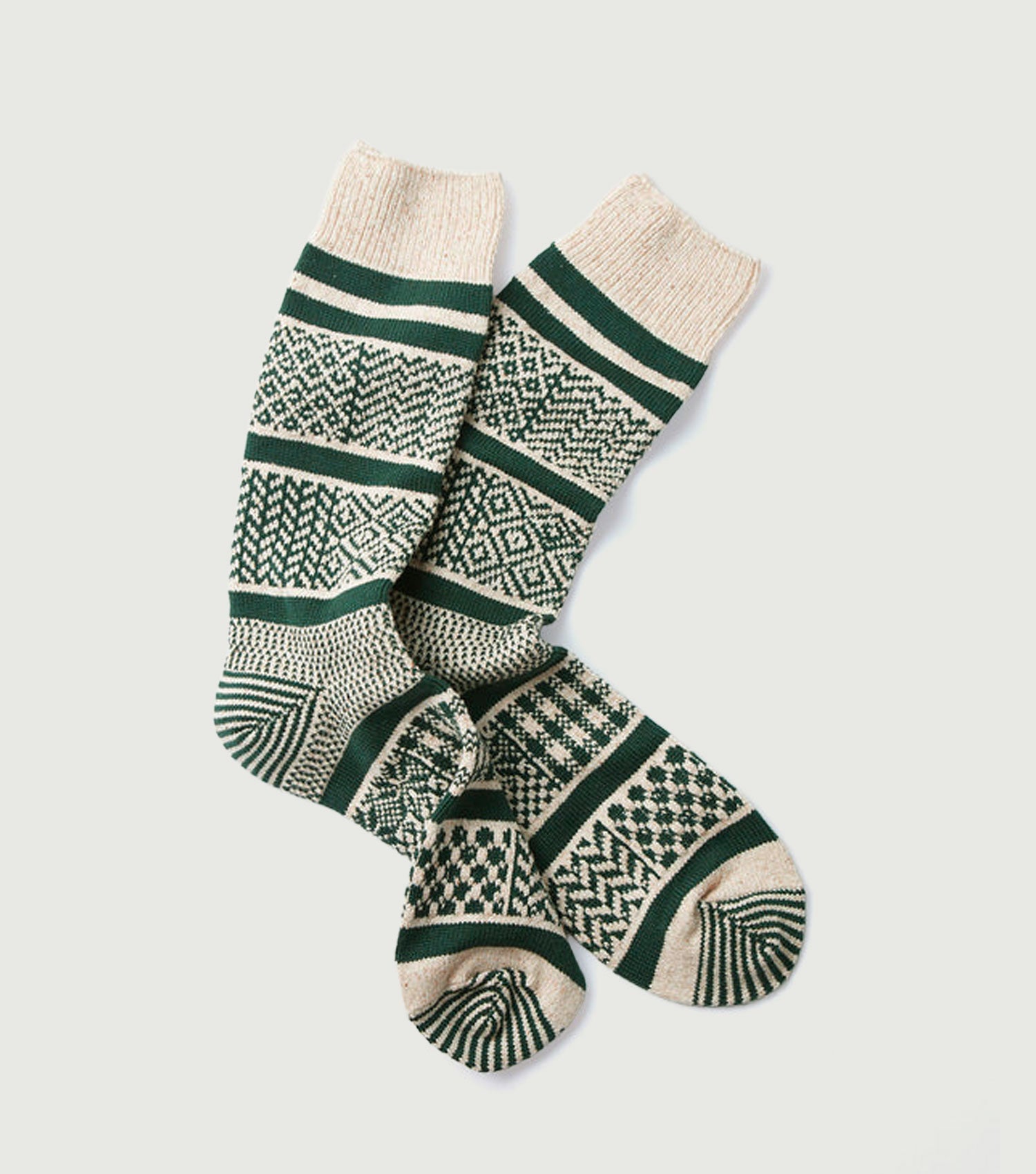 Multi Jacquard Crew Socks Ivory Green - Rototo