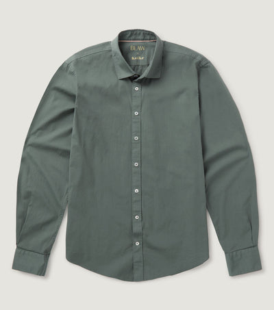 Garment dye Popelin Stretch Spread collar Shirt Green - BLAW