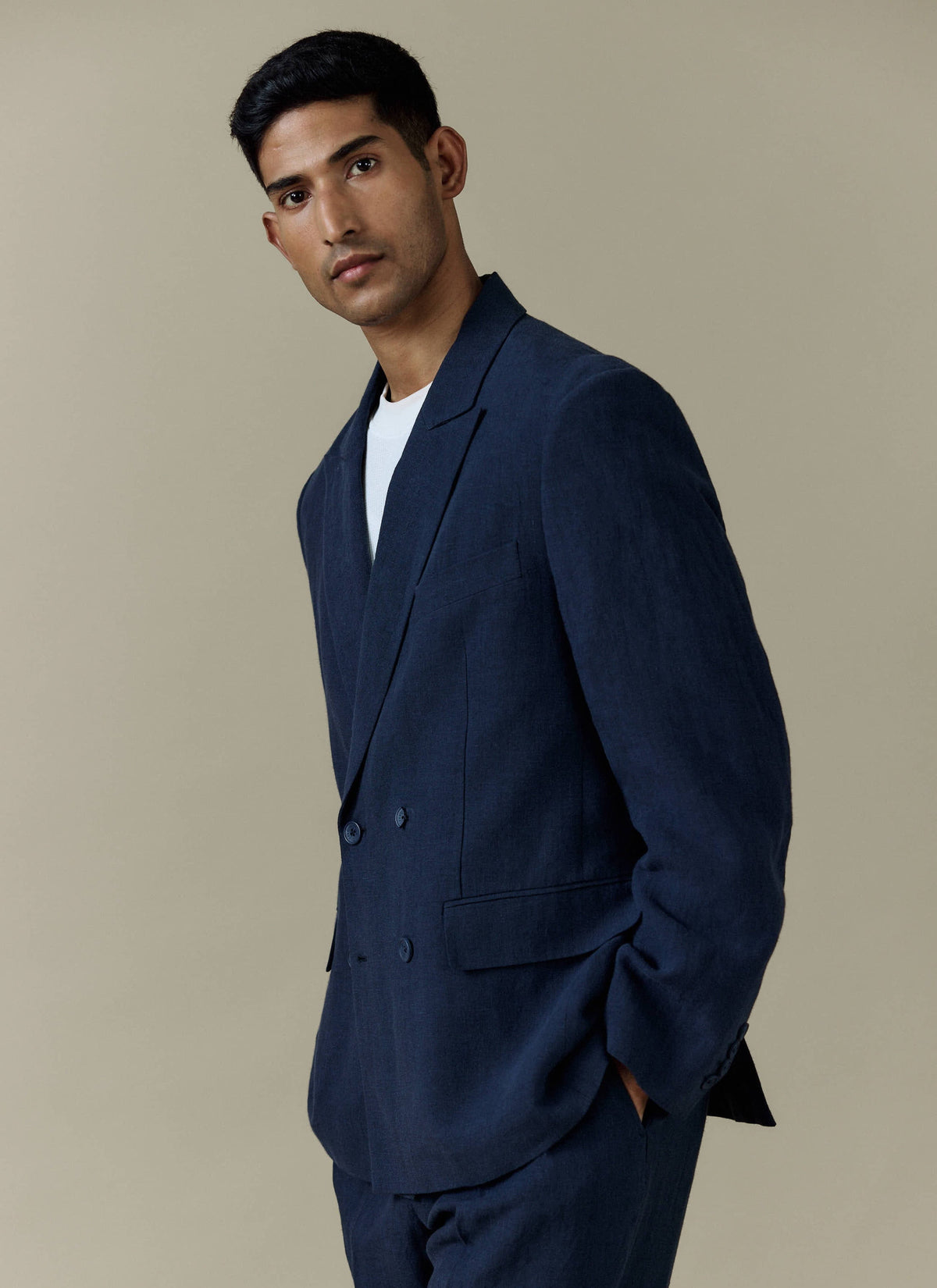 Clifton Boxy Double Breasted Blazer | Linen | Navy - Percival