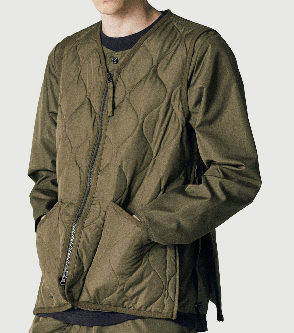 TAION Unisex Military Zip V-Neck Down Vest Olive - model view 2