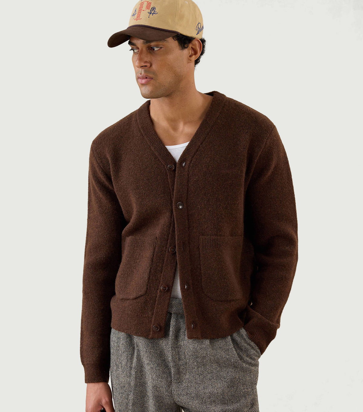 White Glove Boxy Cardigan Mohair Espresso - Percival - Front on model