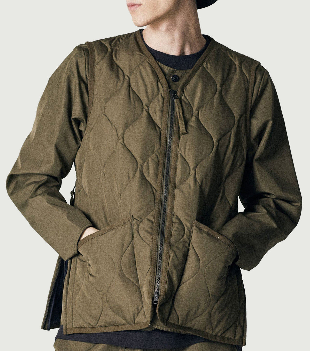 TAION Unisex Military Zip V-Neck Down Vest Olive - model view 1