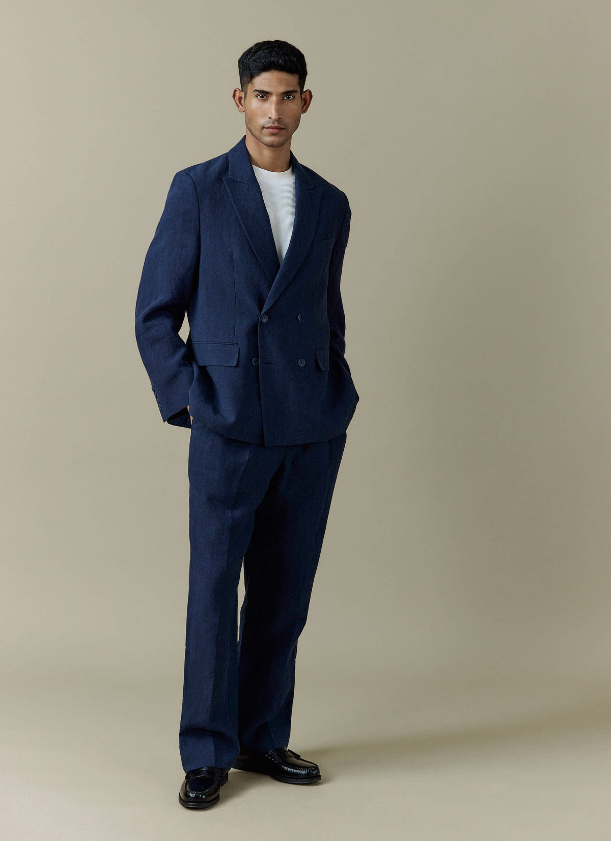 Clifton Boxy Double Breasted Blazer | Linen | Navy - Percival