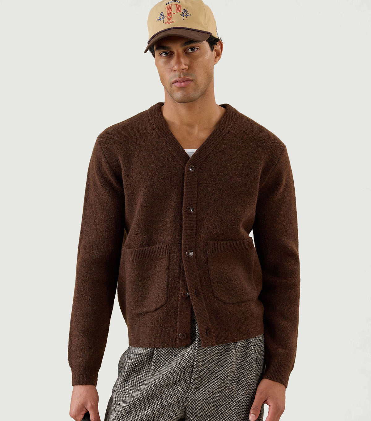 White Glove Boxy Cardigan Mohair Espresso - Percival - Front on model