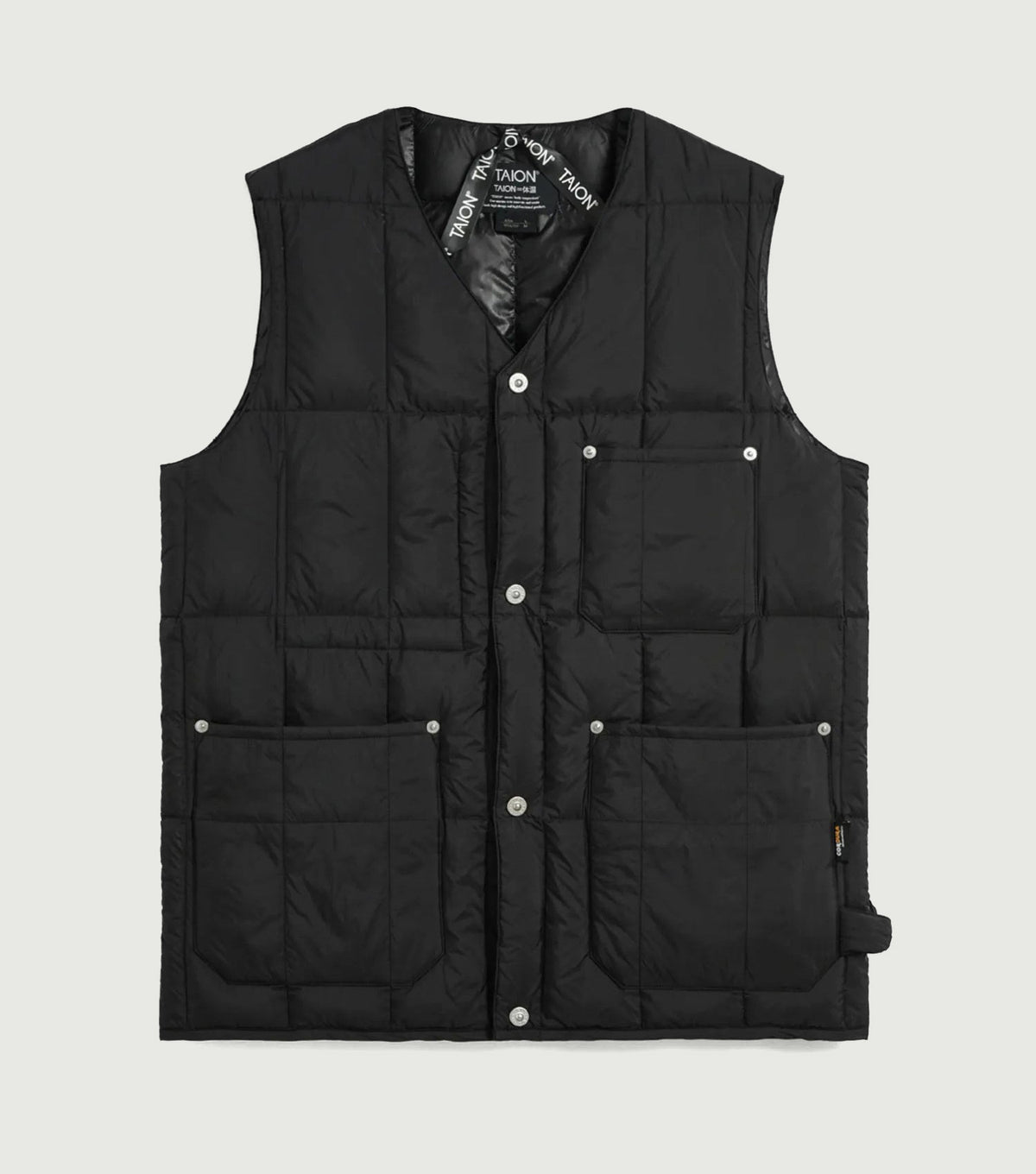 TAION Worker V-Neck Button Down Vest Black - front product view