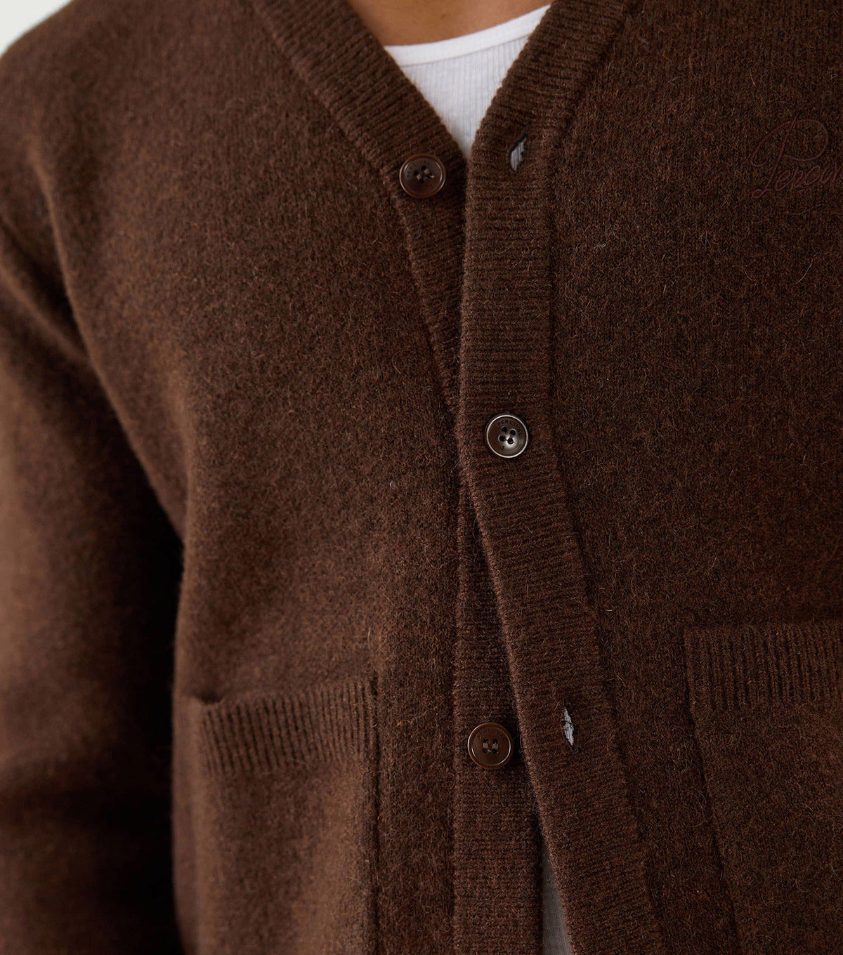 White Glove Boxy Cardigan Mohair Espresso - Percival - Button and knit detail