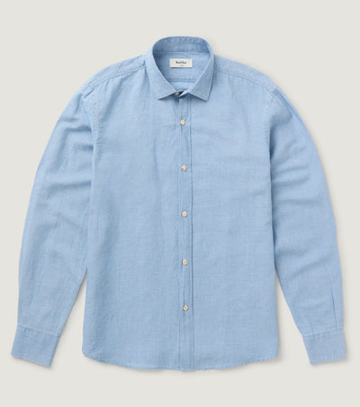 Spread Collar Shirt Denim Stripes Cotton Linen Light Blue - Koike